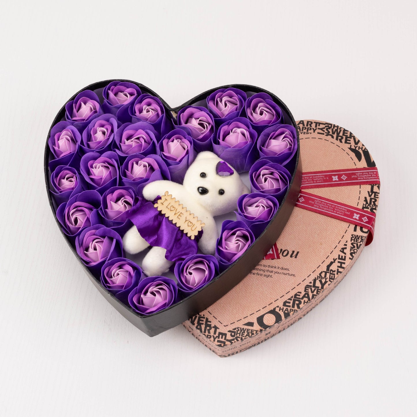 Heart Shaped Soap Rose Gift Box - 24 Soap Roses + Teddy Bear | Birthday & Valentine's Day Gift