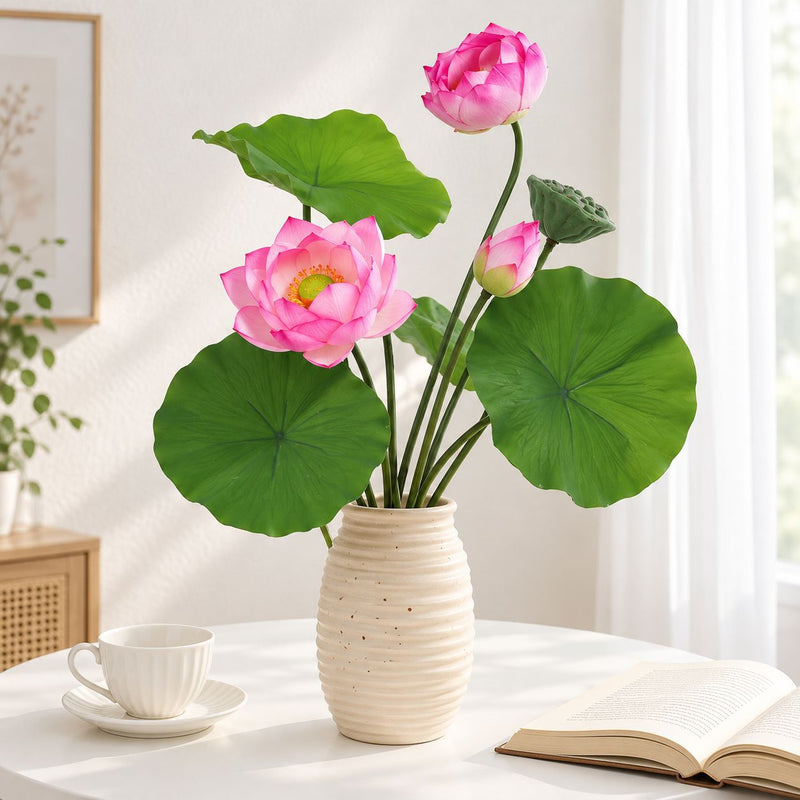Artificial Lotus Flower Bush, 3-Bloom PU Lotus with Leaves & Seed Pod, for Wedding, Tea Room & Home Decor