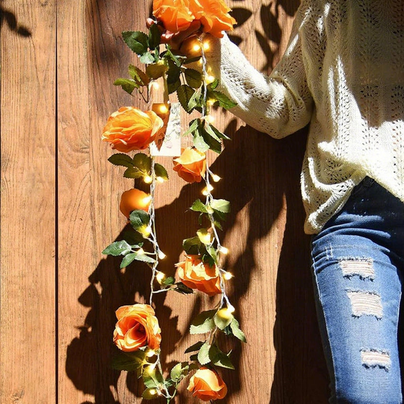 Orange Rose Garland Vine, Faux Silk Fabric Artificial Rose Vine, Set of 2 Trailing Strands, Halloween, Fall Table & Wedding Decor