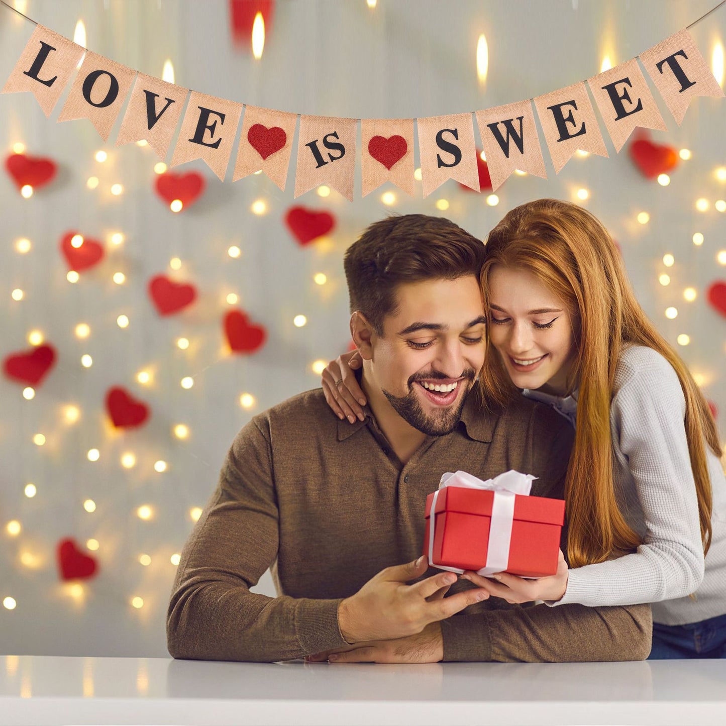 Glitter Heart "LOVE IS SWEET" Burlap Banner - Perfect Engagement Party Decorations 13.1ft Long