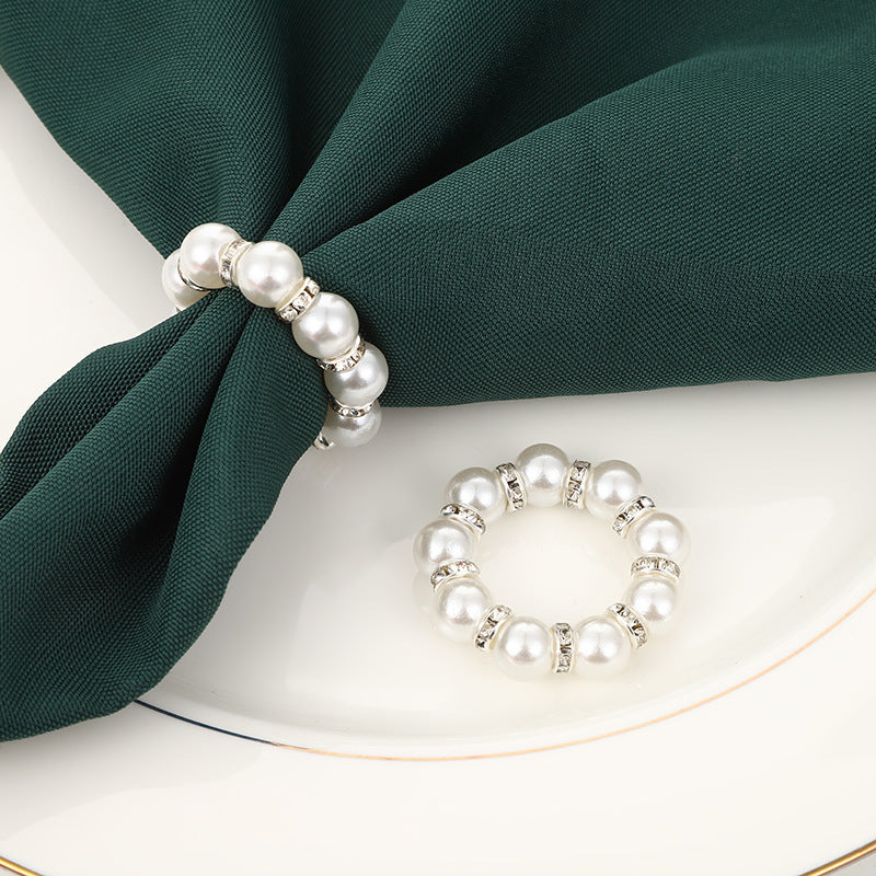 Romantic 12 Pcs Hand-beaded Pearl Rhinestone Napkin Rings - Wedding Table Elegant Decor Elastic Napkin Holders