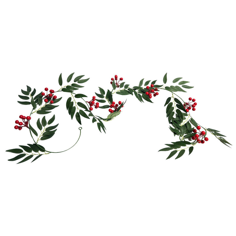 Artificial Willow Leaf Vine with Red Berries, Set of 2 Garlands, Christmas Door Hanging Decor, Home & Display