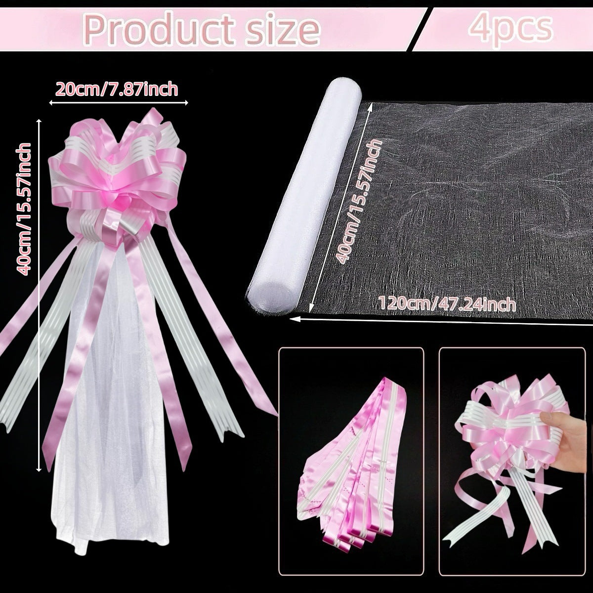 Church Wedding Ceremony Decor: 4-Piece White Chair & Aisle Bow Set (7.87-47.24in)