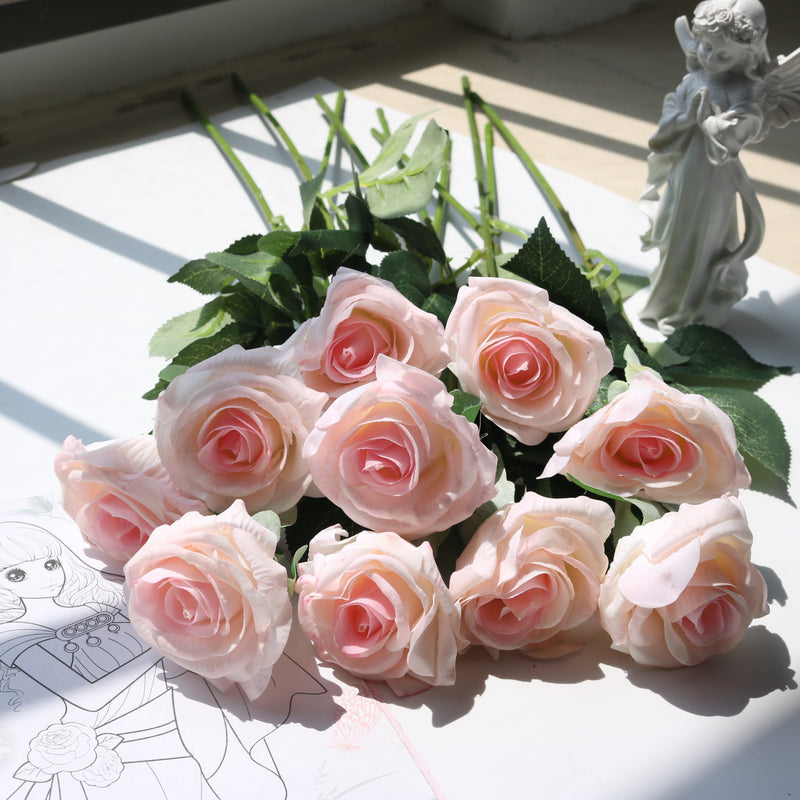 Realistic Silk Rose Bouquet, Set of 10 Stems with 6.5" Blooms, 17" Tall, Wedding & Home Decor, Floral Arrangements