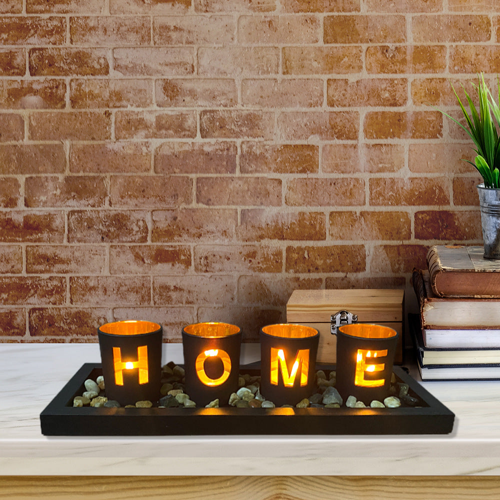 Bulk Hollow-out Candle Cup Set with Wooden Tray for Home Wedding Party Table Centerpiece Decor Wholesale
