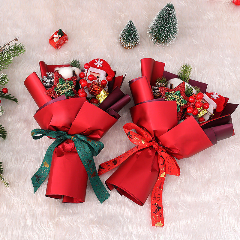 11 Inch Artificial Christmas Flower Bouquet with Glitter Star, Red Berries, and Santa Doll – Bulk Wholesale Gift Set