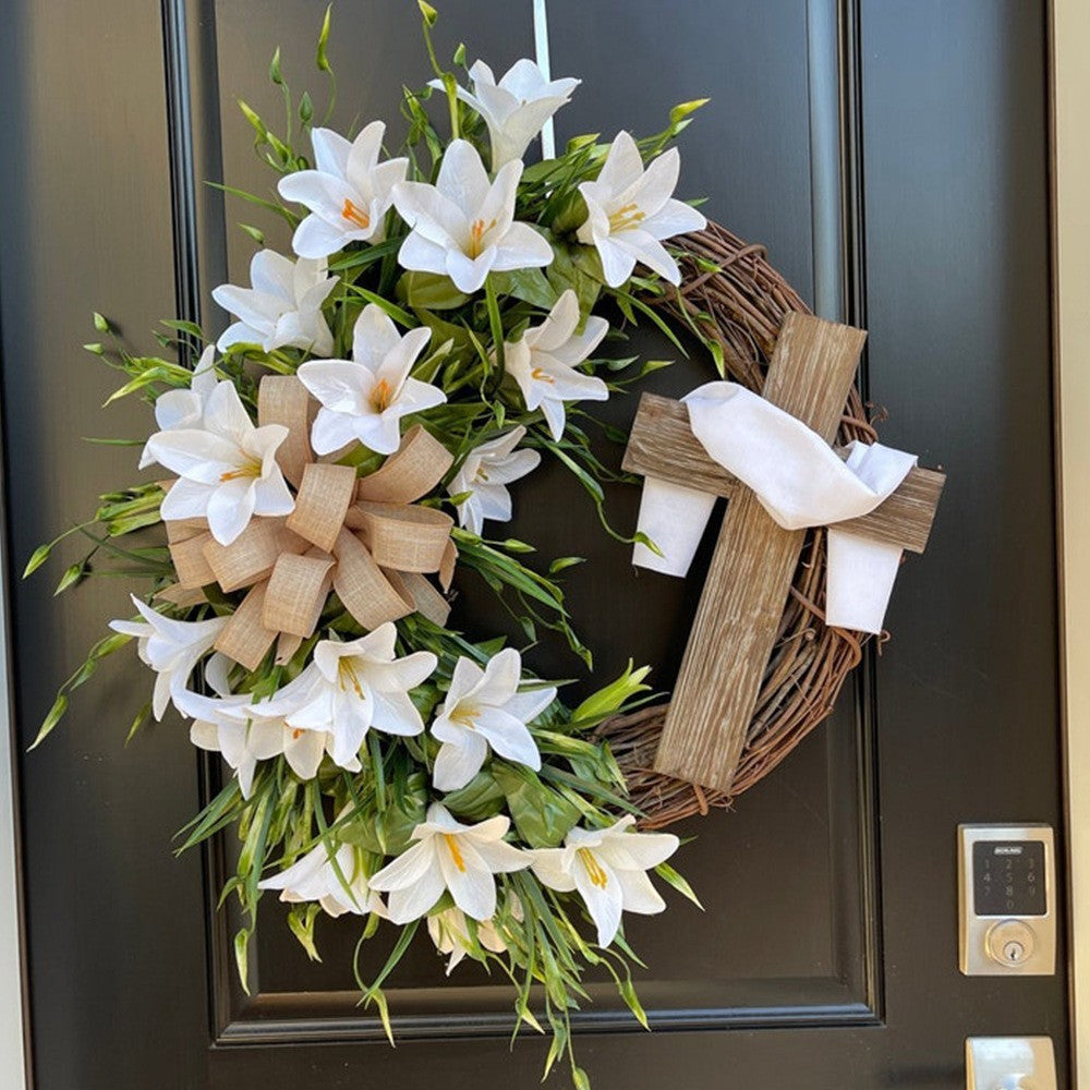 Easter Cross Wreath (14/16/18 Inch) - Natural Vine Front Door Decor | Artificial Flower Easter Decoration