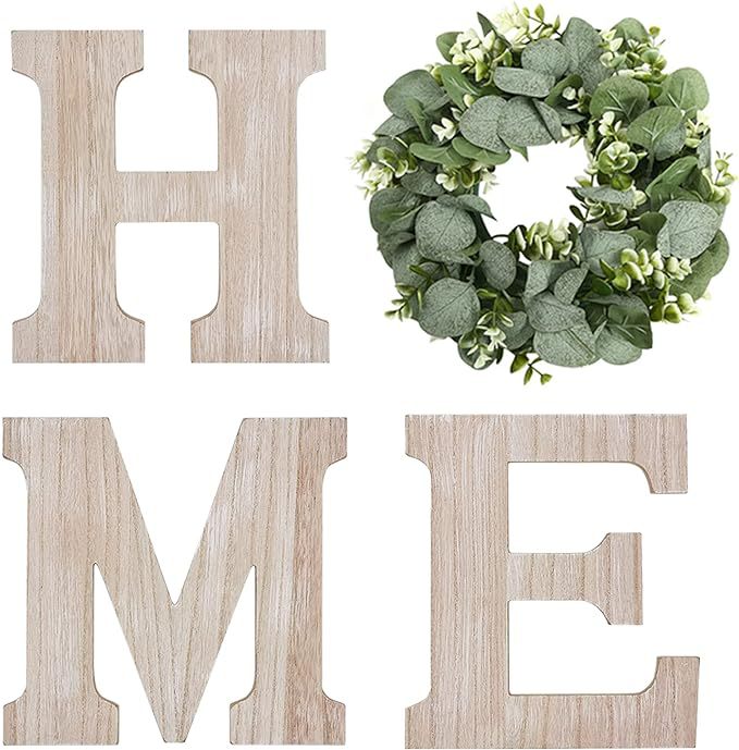 Wooden HOME Letters with Eucalyptus Wreath Farmhouse Christmas Wall Decor for Home