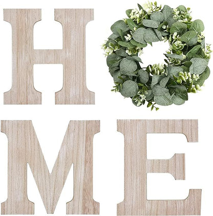 Wooden HOME Letters with Eucalyptus Wreath Farmhouse Christmas Wall Decor for Home