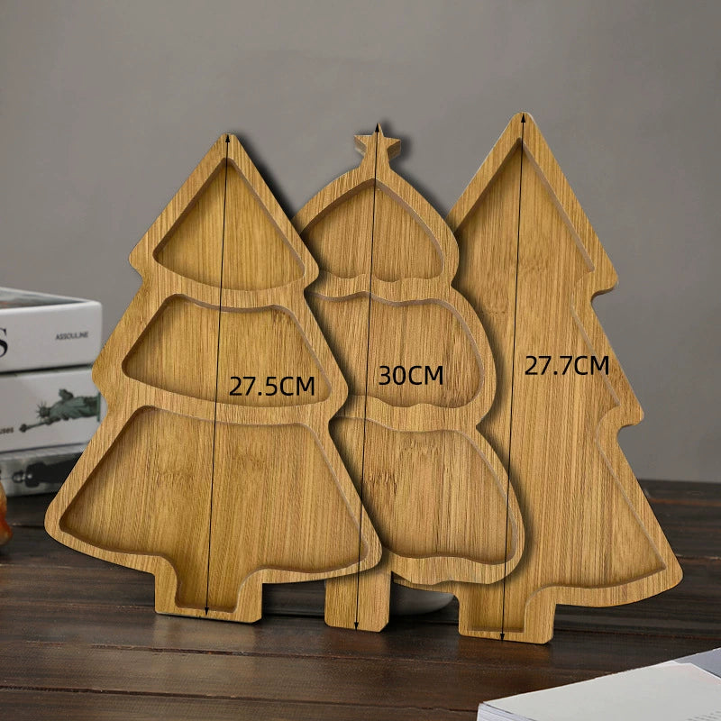 Wooden Christmas Tree - shaped Serving Trays, 10.8 Inches, Multi - compartment for Snacks, Fruits