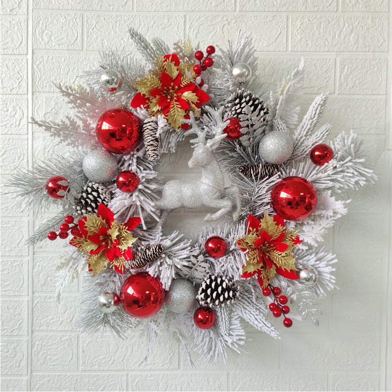 Artificial Christmas Wreaths with Elk, Cedar, Pinecones, Glitter Poinsettias – Holiday Front Door Wall Hanging Decoration, Bulk Wholesale