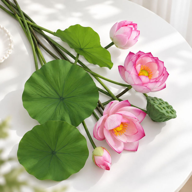 Artificial Lotus Flower Bush, 3-Bloom PU Lotus with Leaves & Seed Pod, for Wedding, Tea Room & Home Decor