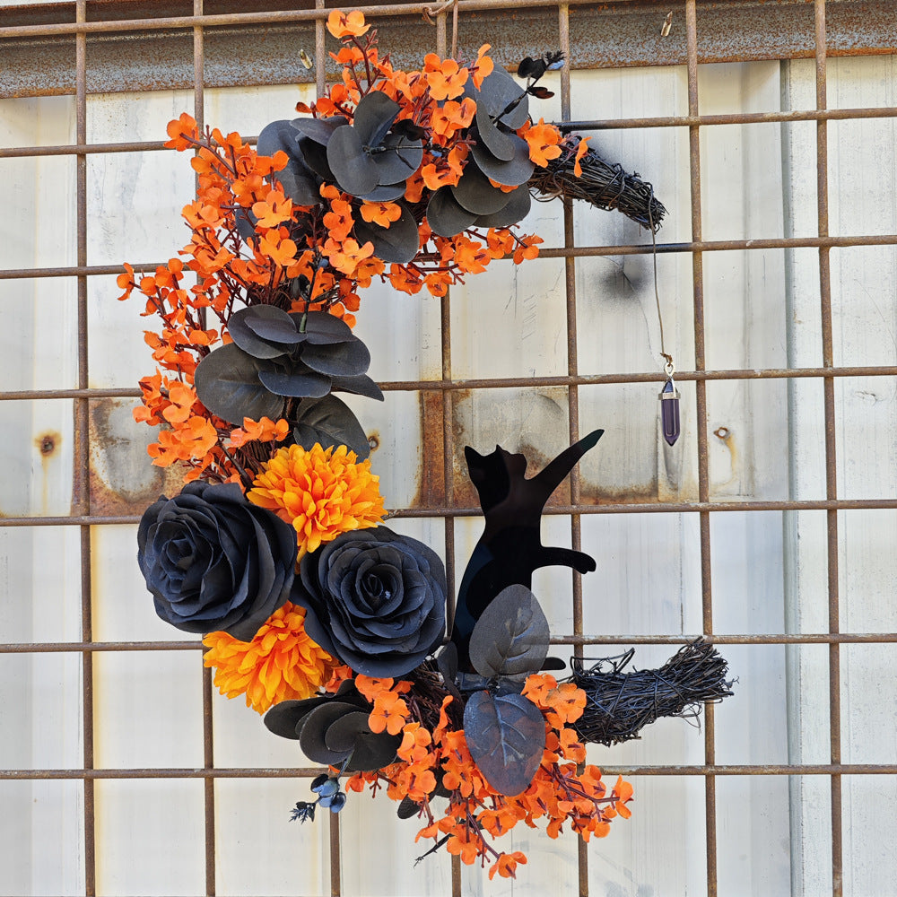 14 Inch Moon Cat Halloween Glowing Artificial Flower Rattan Wreath for Front Door, Bulk Wholesale