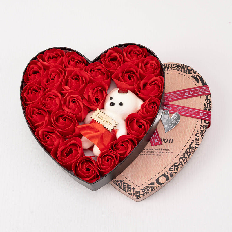 Heart Shaped Soap Rose Gift Box - 24 Soap Roses + Teddy Bear | Birthday & Valentine's Day Gift