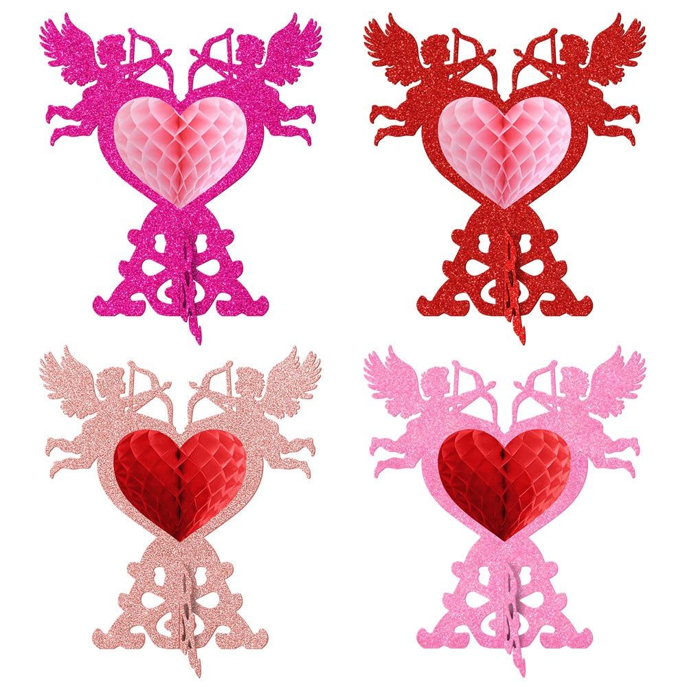 Valentine's Day Cupid Honeycomb Decorations (4pcs) - 8.5” Romantic Table Centerpieces for Weddings & Parties