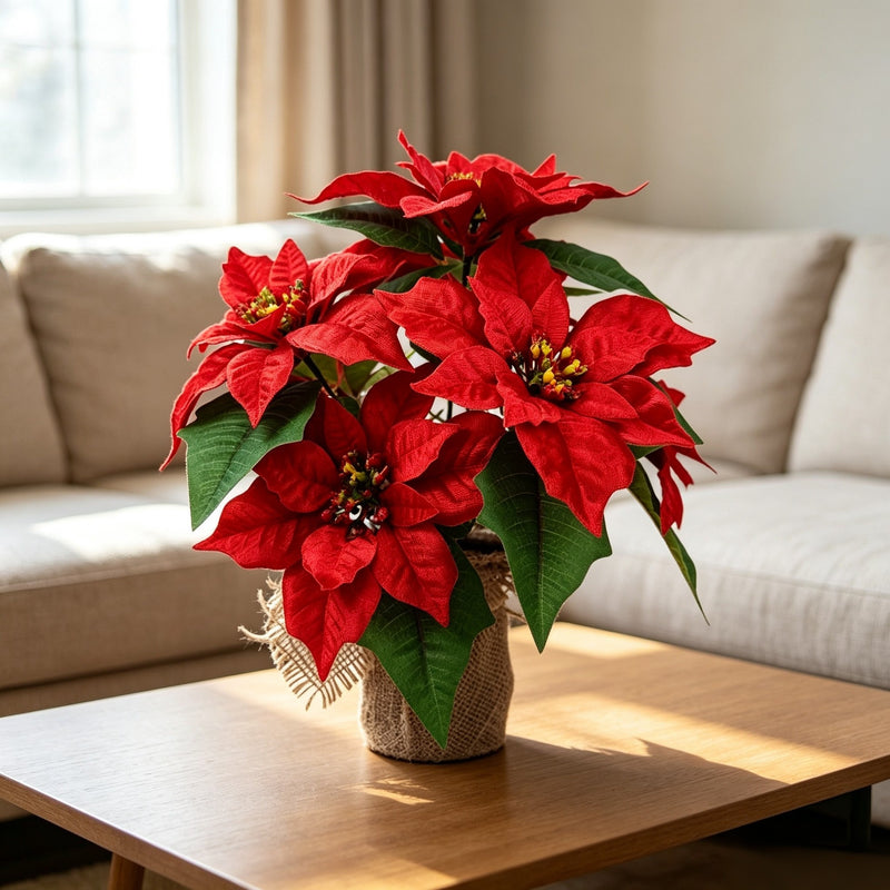 17" Artificial Poinsettia Bush with Planter, Lifelike Holiday Decor for Home, Office & Events