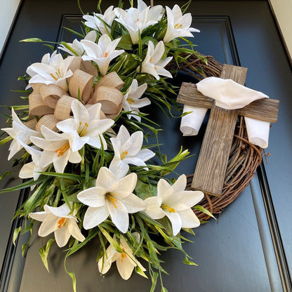 Easter Cross Wreath (14/16/18 Inch) - Natural Vine Front Door Decor | Artificial Flower Easter Decoration