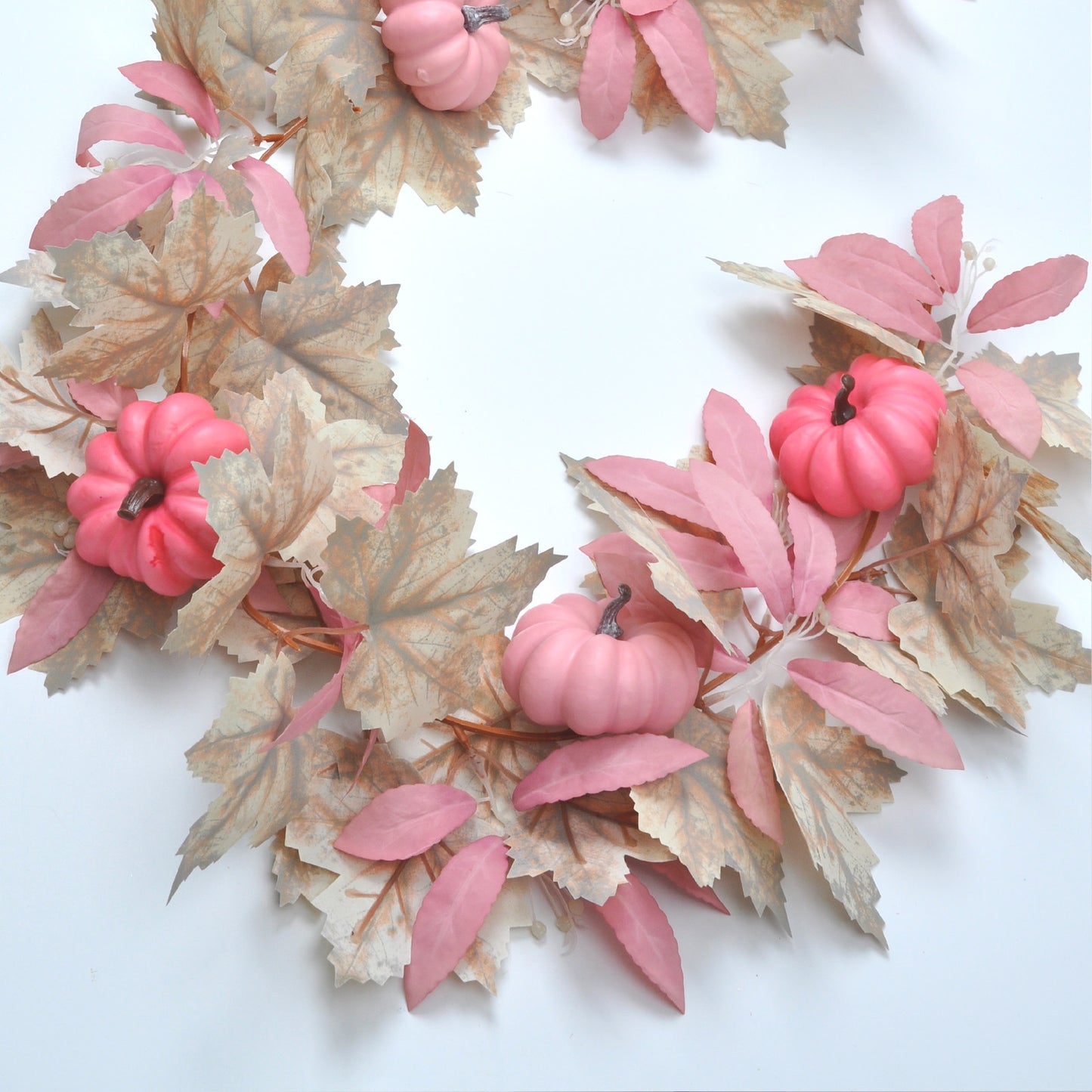 Thanksgiving Faux Garland with White Maple Leaves & Pink Pumpkins - Fall Harvest Decor