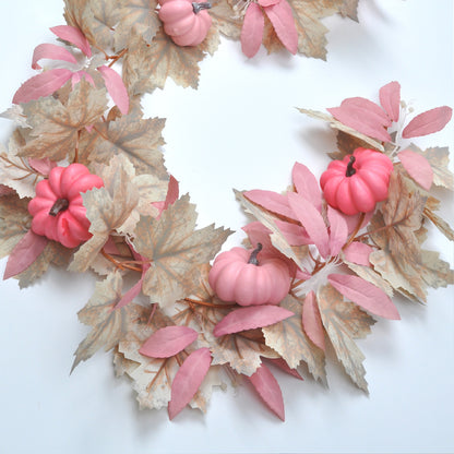 Thanksgiving Faux Garland with White Maple Leaves & Pink Pumpkins - Fall Harvest Decor