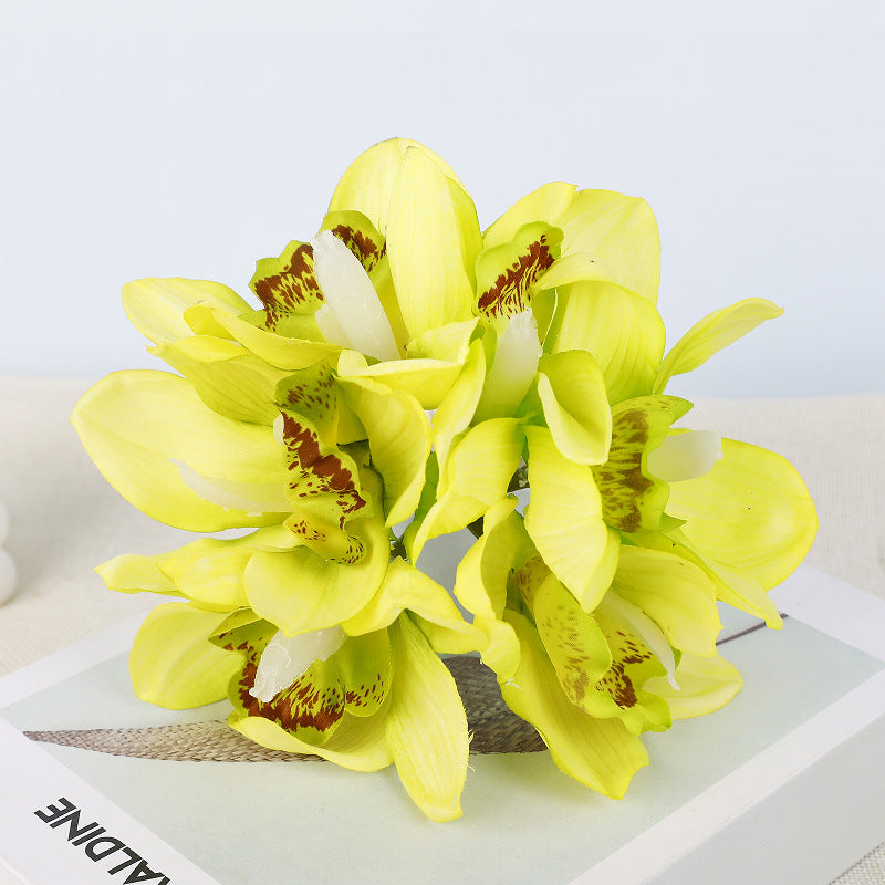 Artificial Cymbidium Orchid Bouquet, 6 Flower Heads, Real-Touch Latex, Wedding & Home Decor