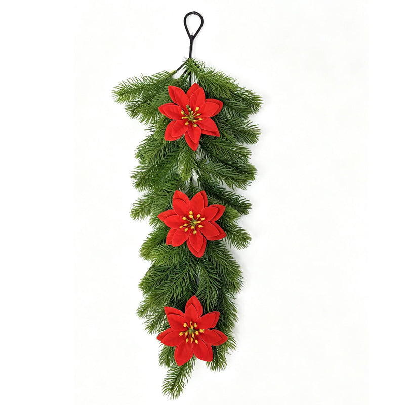 Artificial Pine Needle Christmas Door Hanging with Poinsettias, Trailing Wall Swag, Red Berries, for Holiday Home Decor