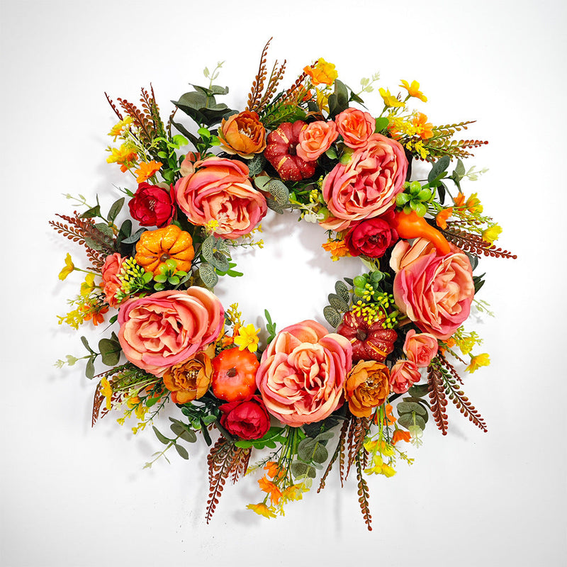 Artificial Peony Pumpkin Wreath 18 Inch Fall Harvest Thanksgiving Day Decor Bulk Wholesale