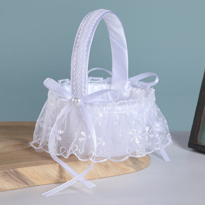 3-Pack Wedding Flower Girl Basket - Blue Lace & Pearl Accent Bridal Candy & Petal Holder