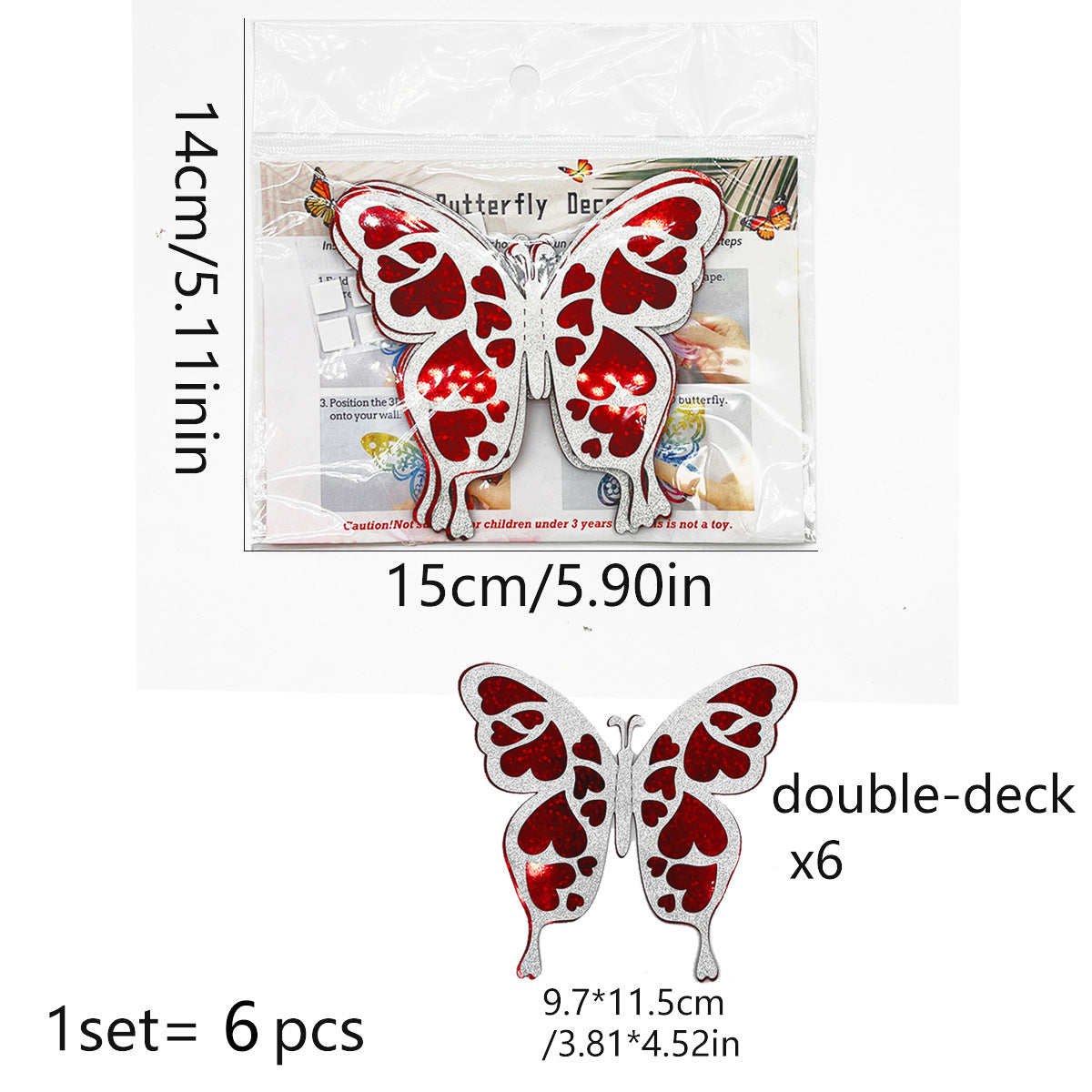 3D Double-Layer Glitter Butterfly Wall Decor - Valentine's Day Decor (6-Pack)