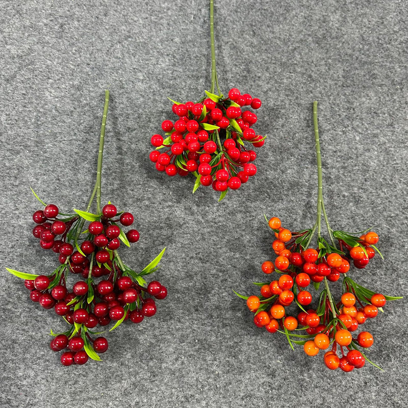 Artificial Lucky Berry Stems, 3-Prong Faux Berry Sprays, 14" Single Stem Plastic Decorative Berries for Christmas, Weddings, Home Decor, and Commercial Displays