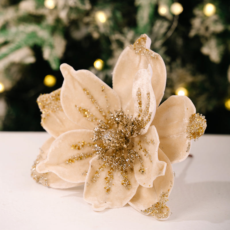 Gold Glitter Velvet Magnolia Artificial Flower, Single Stem with 1 Large Bloom, Christmas Tree Decor, Holiday & Wedding