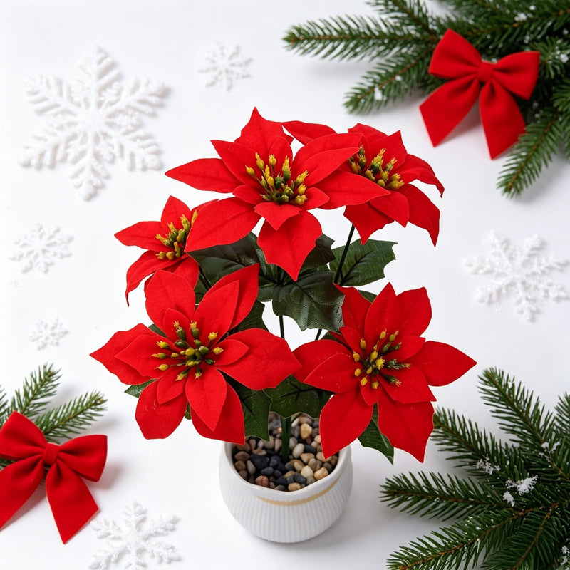 Artificial Poinsettia Bush with 5 Blooms, 14.5" Silk-like Faux Christmas Flowers for Holiday Decor, Weddings & Home Styling