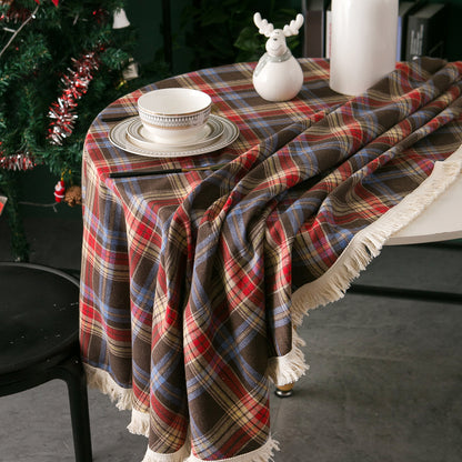 Bulk Plaid Yarn Dyed Fabric Round Tablecloth with Tassel Wholesale