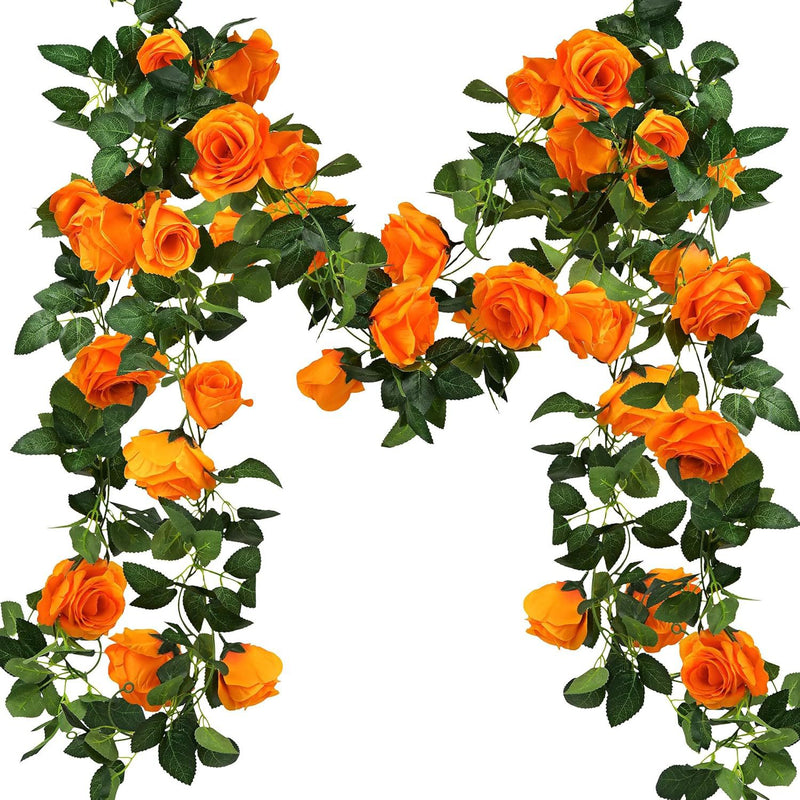 Orange Rose Garland Vine, Faux Silk Fabric Artificial Rose Vine, Set of 2 Trailing Strands, Halloween, Fall Table & Wedding Decor