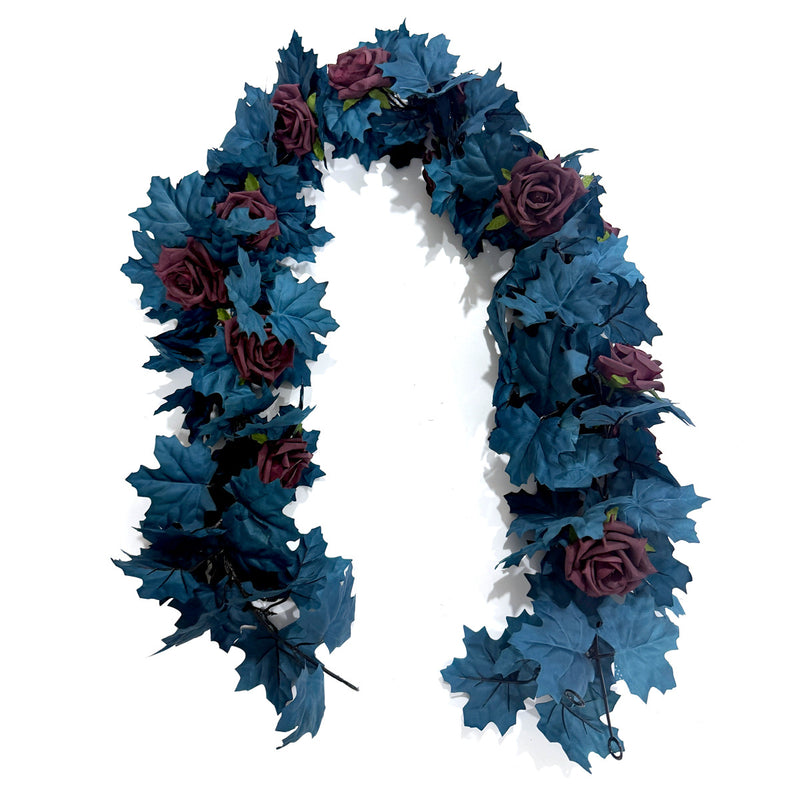 Artificial Maple Leaf & Rose Garland Vine, Blue Faux Silk Fabric, 2 Pcs per Pack, Halloween Decor