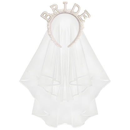 Bachelorette Party Bride Pearl Crystal Headband Veil Sash - Fashion Bridal Hair Accessory
