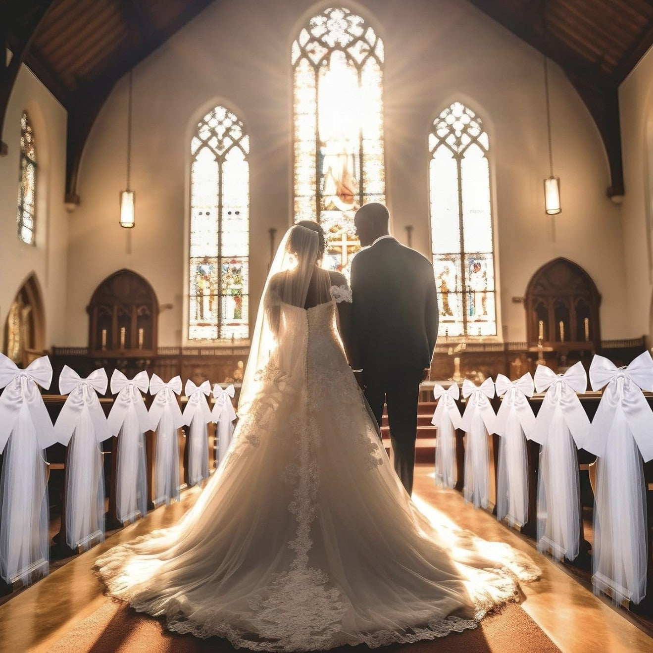 Wedding Ceremony Church Aisle Chair Decor: White Satin Bow with Tulle (15.7, Pack of 4)