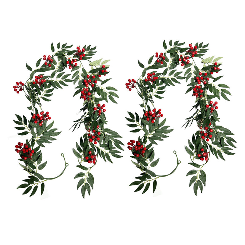 Artificial Willow Leaf Vine with Red Berries, Set of 2 Garlands, Christmas Door Hanging Decor, Home & Display