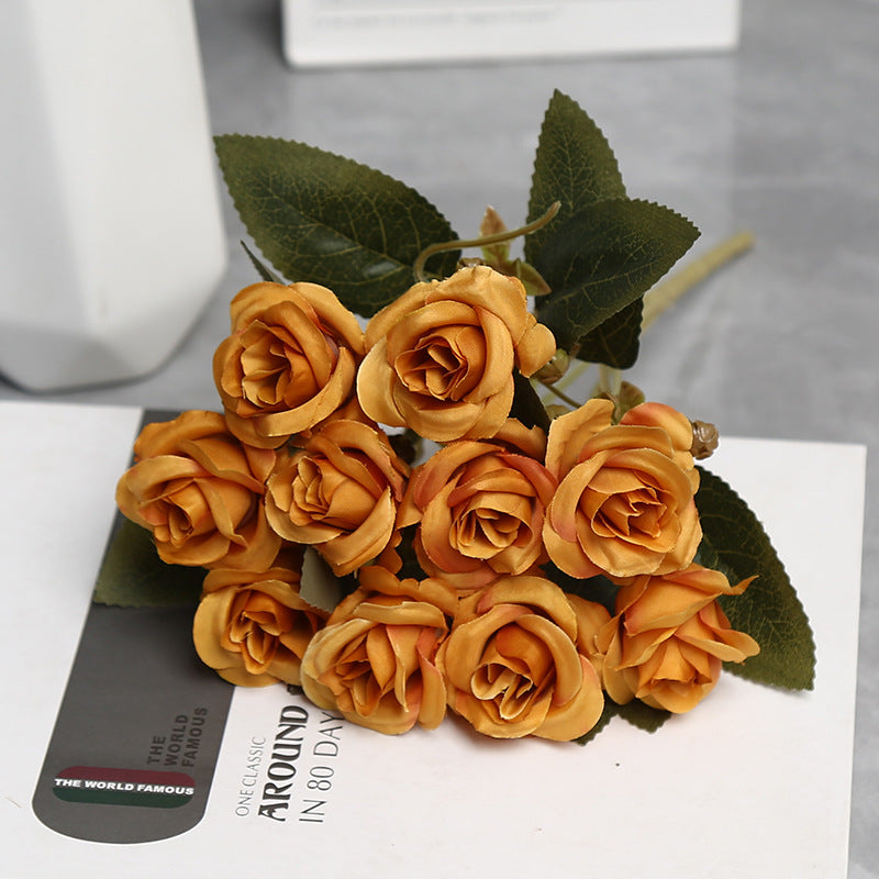 Autumn-Toned Silk Rose Bouquet, 10-Bloom Hand-Tied Bunch, 12" Tall, for Weddings, Home Decor & Floral Arrangements