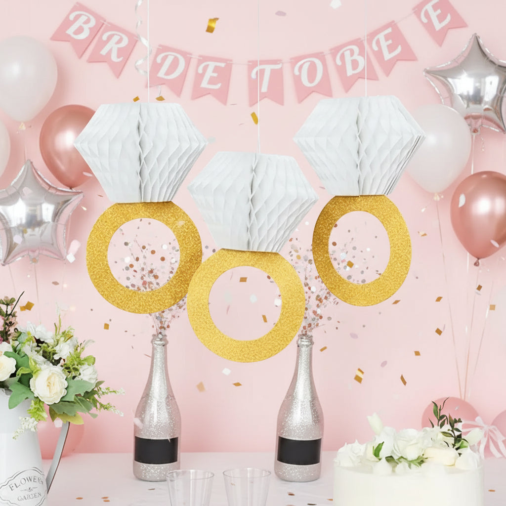 Bachelorette Party Diamond Ring Honeycomb Decor - 11in Bride-to-Be Hanging Decoration (2-Pack)
