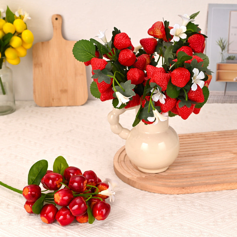 Strawberry Artificial Flower Bush, 19 Blooms, 11" Tall, PVC Material, Perfect for Home Decor, Weddings, and DIY Projects