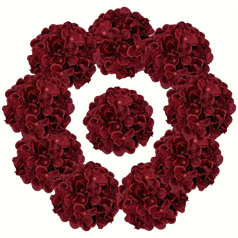 Burgundy Hydrangea Loose Flower Heads, Set of 10, Silk-Like Fabric, 11 Inches, for Wedding Decor, Home Arrangements, and Events