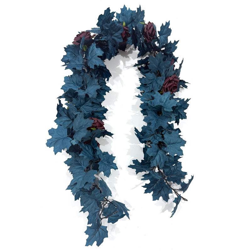 Artificial Maple Leaf & Rose Garland Vine, Blue Faux Silk Fabric, 2 Pcs per Pack, Halloween Decor