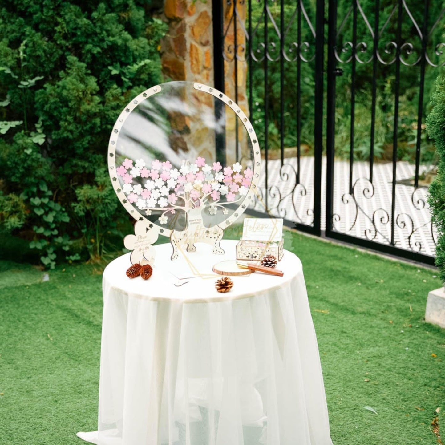 Cherry Blossom Tree Wooden Wedding Guest Book Sign - 12x12 Inches Wedding Sign-In Table Ornament | Wooden Craft for Wedding Decor