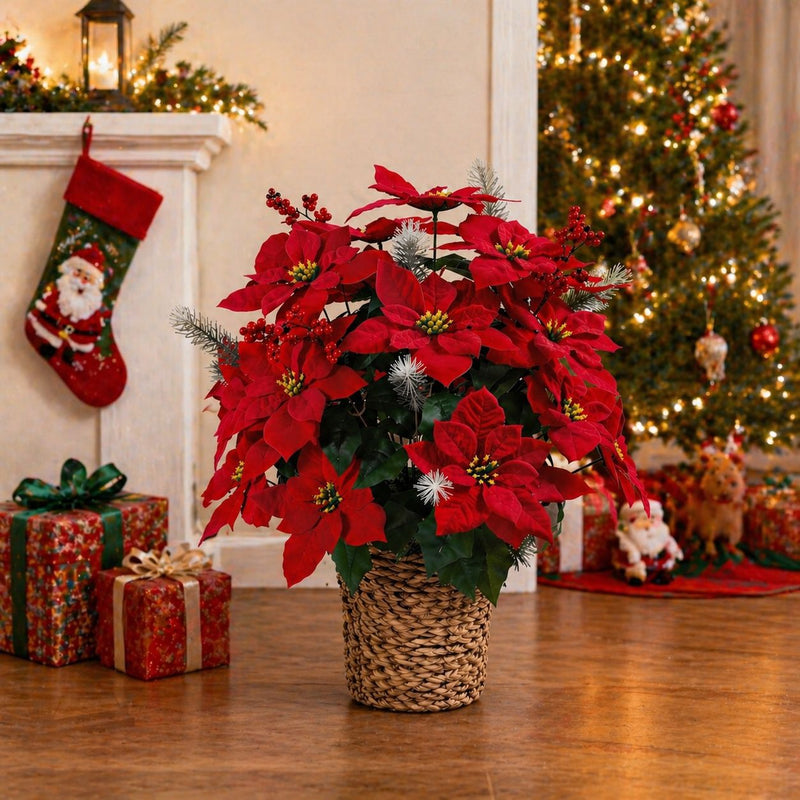 Artificial Poinsettia Bush with 36 Blooms, 14" Silk-Like Christmas Flower Arrangement for Holidays, Weddings & Home Decor