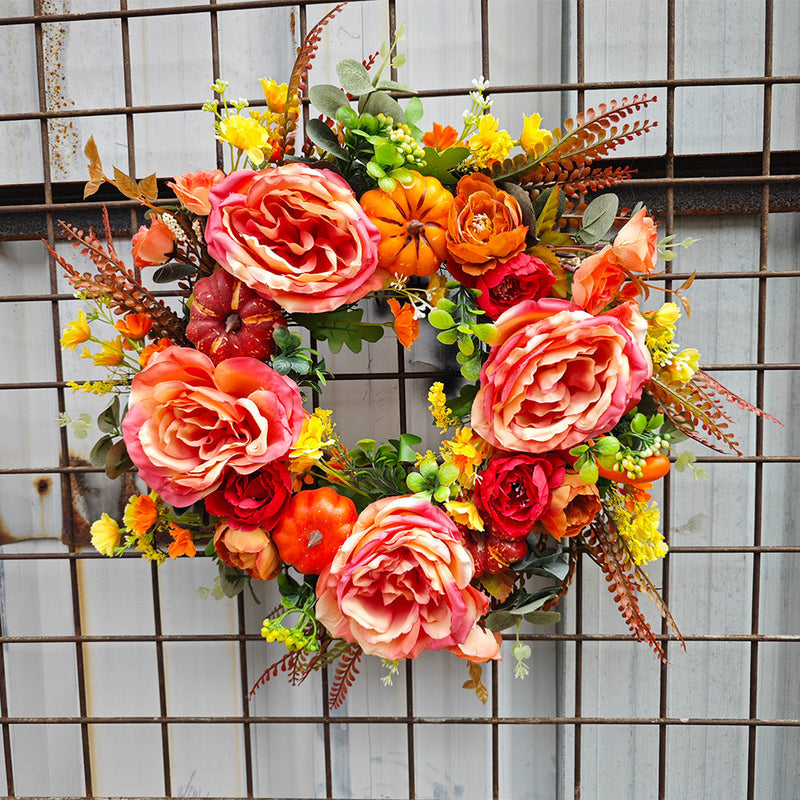Artificial Peony Pumpkin Wreath 18 Inch Fall Harvest Thanksgiving Day Decor Bulk Wholesale
