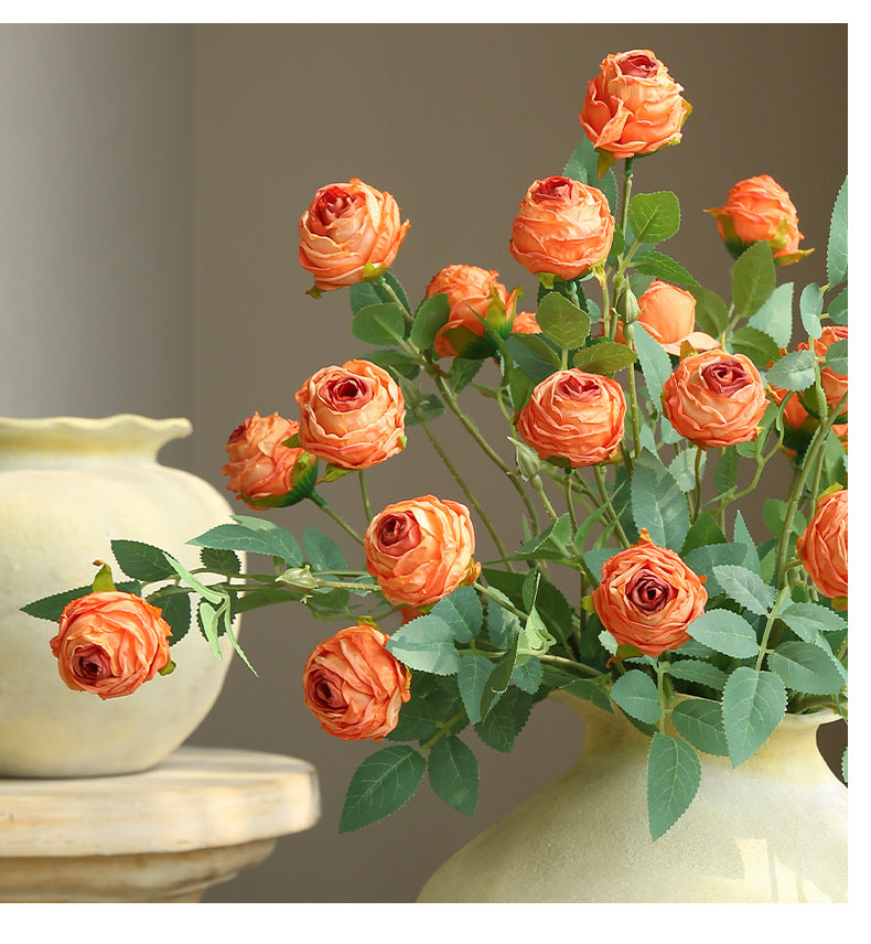 Artificial Silk 3-Head Ruffled Roses, Single Stem, 22" Long, Modern Home Decor, Wedding & Event Floral Arrangements