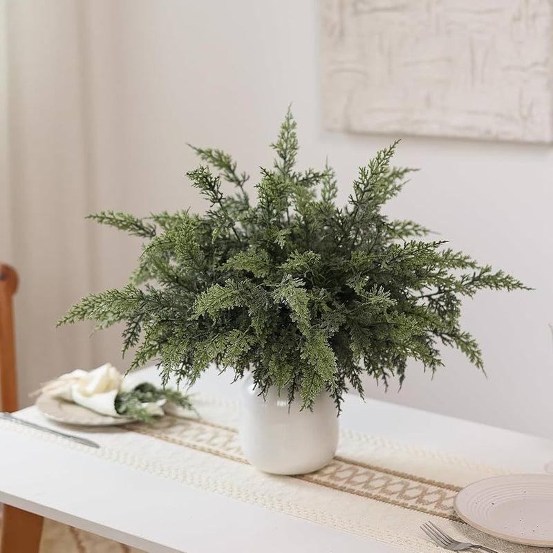 Set of 16 Artificial Cedar Stems, 13" Long, Realistic Plastic Greenery for DIY Decor, Holidays, and Home Arrangements