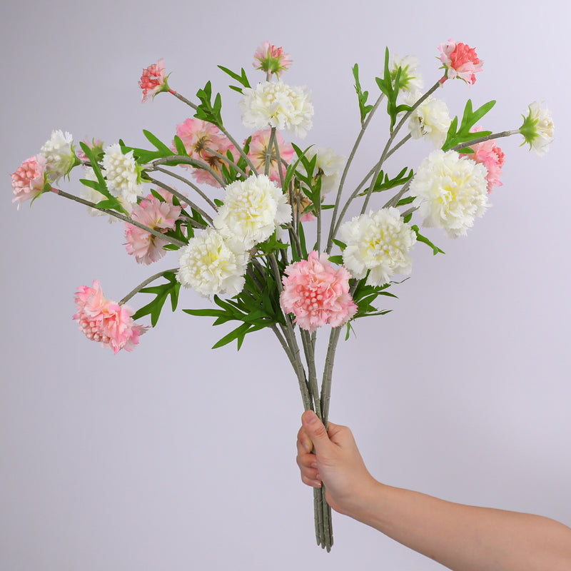 Artificial Scabiosa, Carnation & Daisy Flower Bush with 3 Blooms, Flocked, Wedding & Home Decor