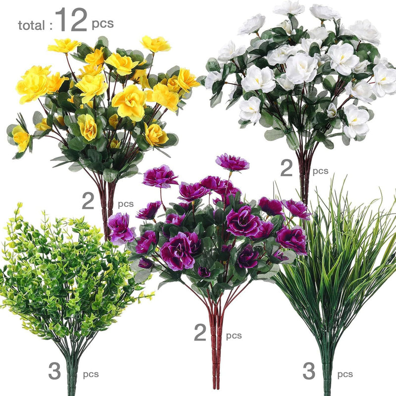 Artificial Eucalyptus & Azalea Bush with Spring Grass, Pack of 12 Faux Greenery Bushes, Indoor Outdoor Home & Event Decor