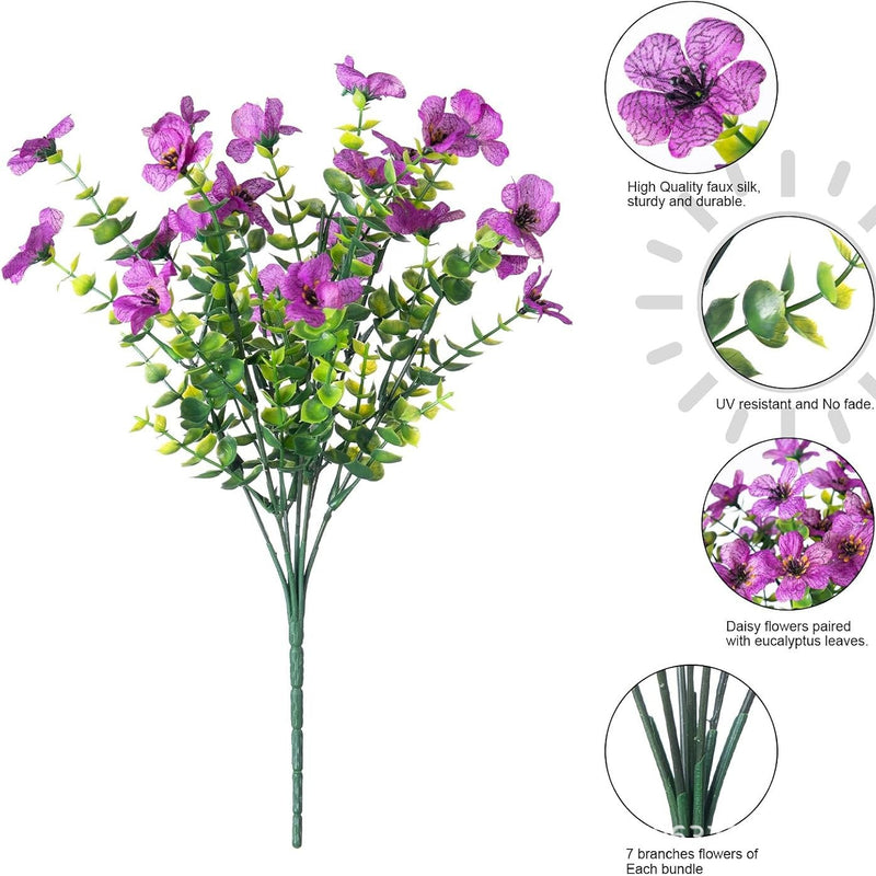 Artificial Violet Bush, 7-Branch 21-Bloom Faux Flowers with Eucalyptus, Rustic Home & Wedding Decor